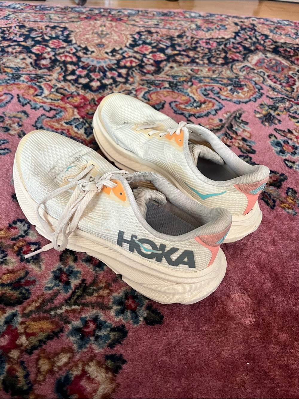 Hoka Women's Cream Running Shoes with Coral and Teal Accents